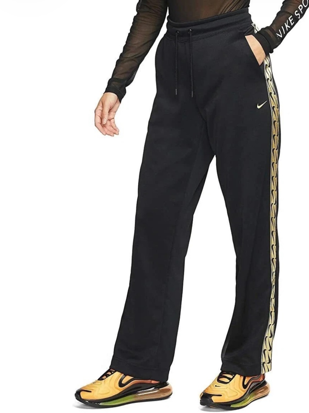Nike Large Tape Logo Open Hem Track Pants BV3470-011 Black Metallic Gold